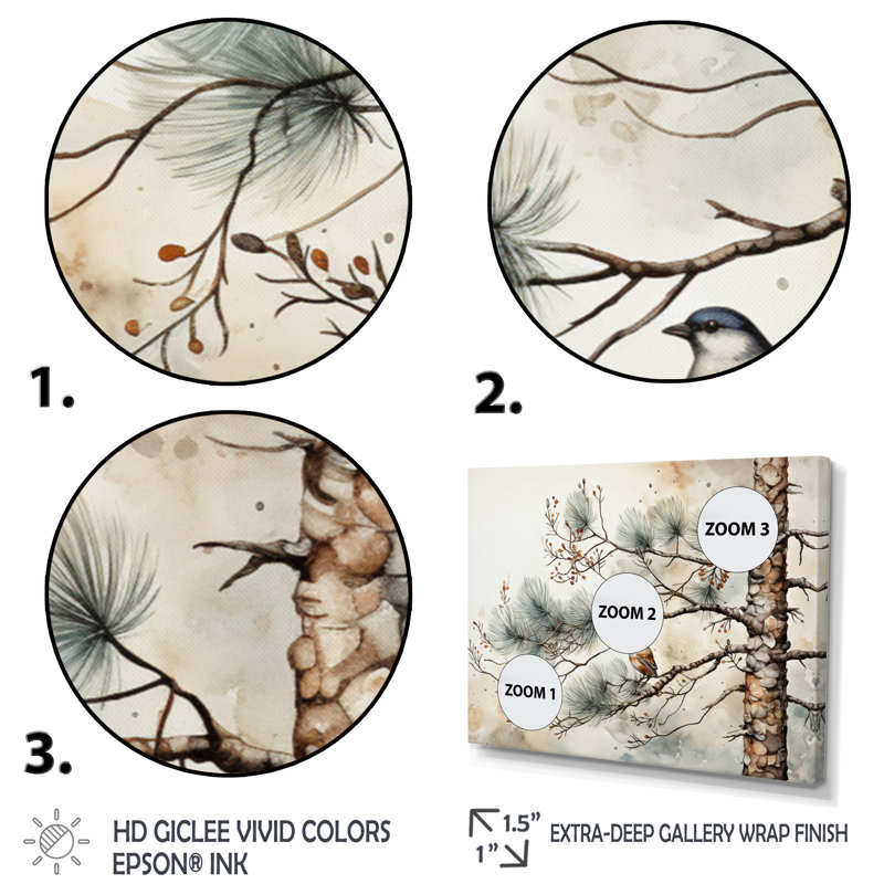Décoration murale oiseau sur pin II, H 30 po x l 40 po x P 1,5 po, Cadre flottant érable
