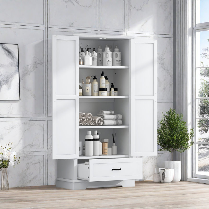 Armoire de rangement haute pour salle de bain, armoire avec deux portes et un tiroir