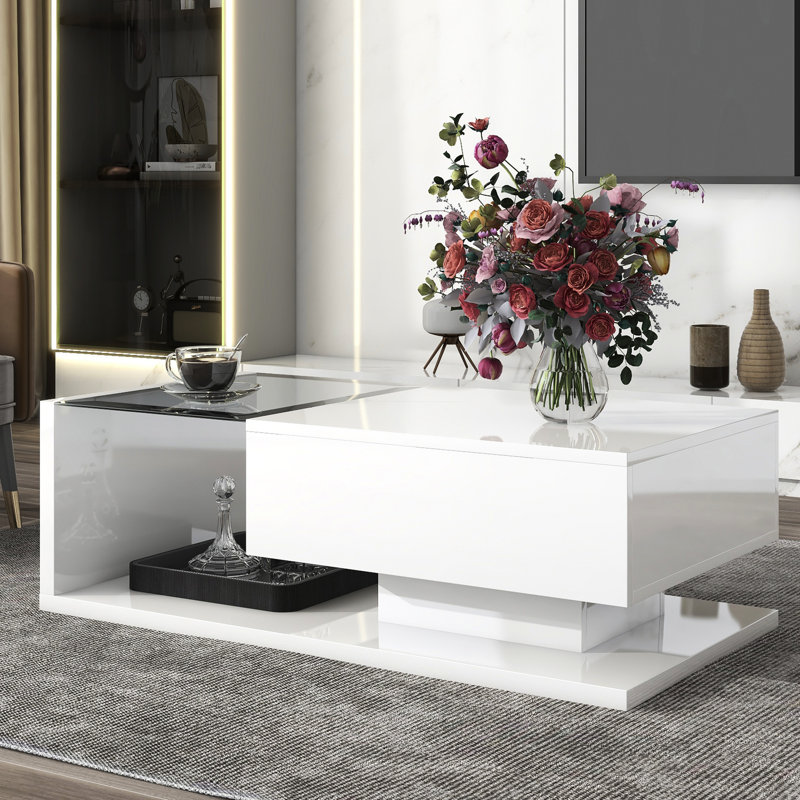 Table basse de salon moderne blanche avec plateau en verre trempé, structure en bois ultrabrillant et tiroir en verre fabriqué de manière artistique, rangement supplémentaire