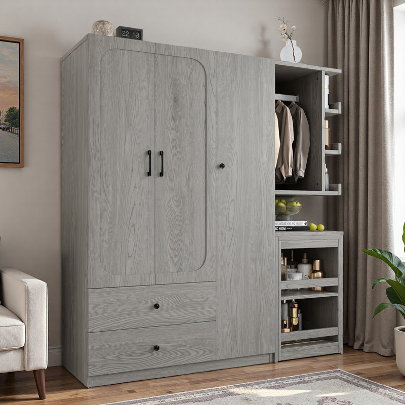 Armoire multifonctionnelle avec 2 portes, tringle, bureau convertible, tiroirs de rangement et tablettes ouvertes, Gris
