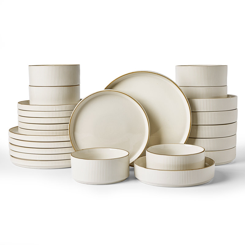 Azal Stoneware Dinnerware Sets, 24 Piece Dish Set, Cream