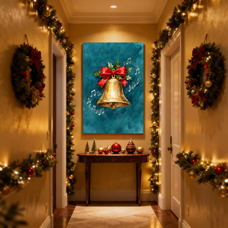 Cloche dorée de Noël avec un arc rouge et des notes de musique, ensemble de 3 impressions sur toile, H 18 po x l 12 po