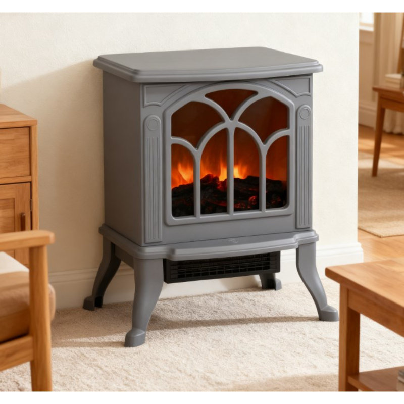 Petit poêle électrique autoportant gris avec flamme réaliste P 9 po x l 14,75 po x H 17,25 po Grey, Gris