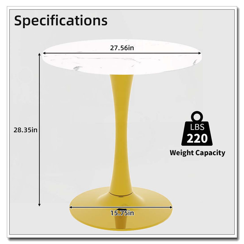 Wood Round Dining Table With Pedestal Base,Coffee Table, White, Gold