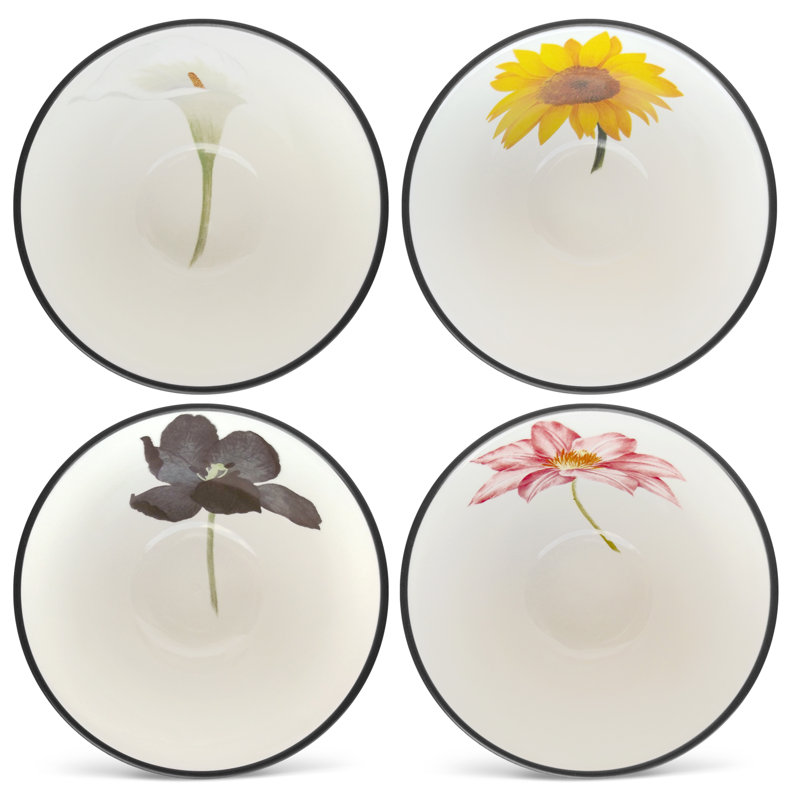 Graphite and Cream Floral Matte Stoneware Mini Bowls Set of Four