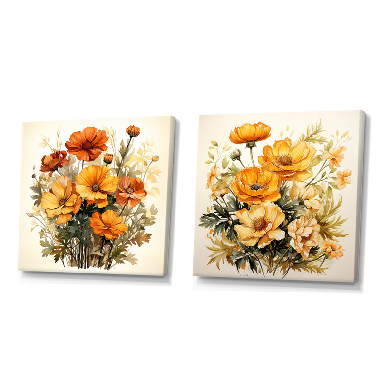 Marigold Majesty Bouquet I - ensemble de 2 reproductions d'art sur toile souci, Toile tendue, H 16 po x l 33 po x P 1 po
