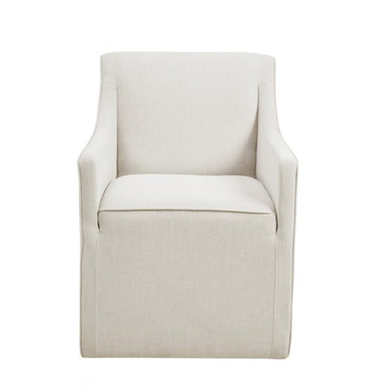 Skirted Dining Arm Chair With Casters, Padded For Comfort And Easy Mobility In Any Dining Setting, Cream