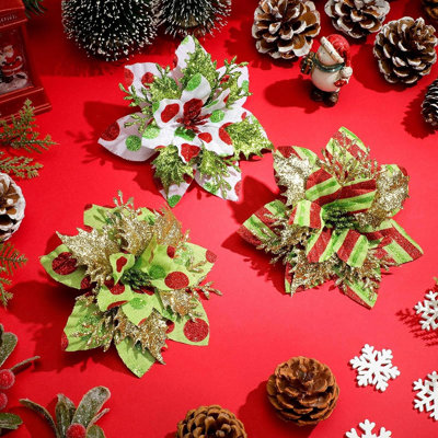 12pcs Red & Green Poinsettia Artificial Flowers With Clips – Christmas Tree Ornaments For Xmas, Wedding, Party & Wreath Decorations