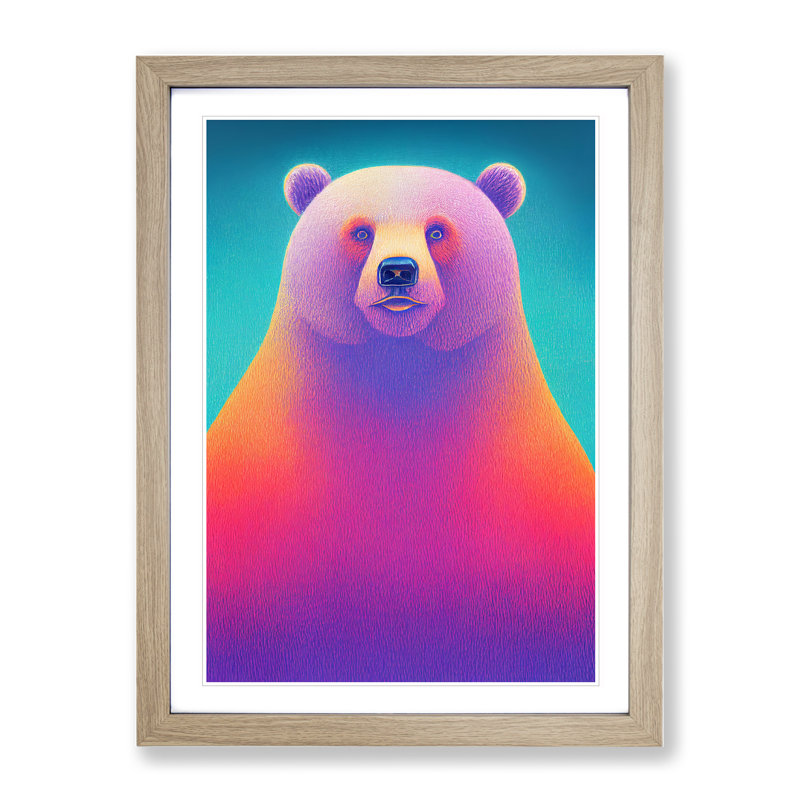 Colourful Bear - Print, 66cm H x 48cm W x 2cm D, Oak Framed, White