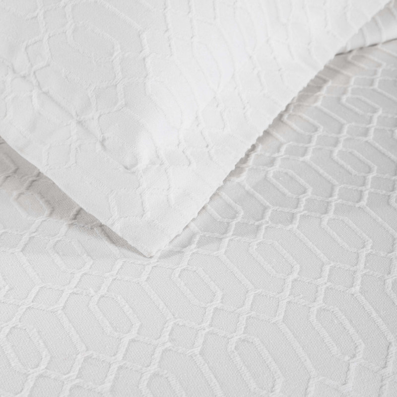 Remi All Season Breathable Jacquard Geometric Fringe Cotton-Poly Blend Bedspread Set With Shams, White