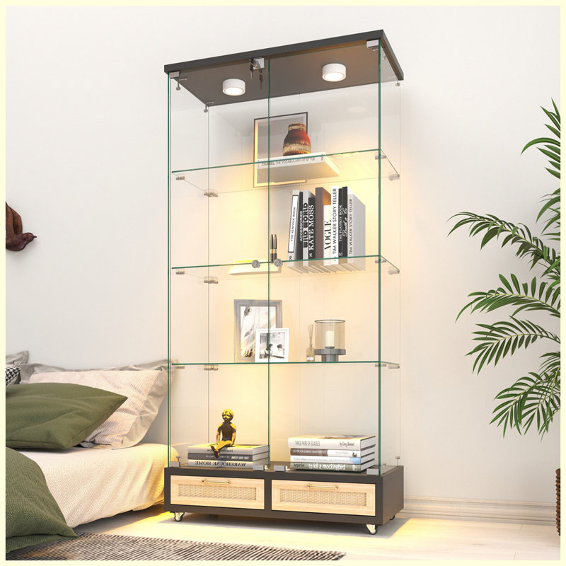 Modern Glass Display Cabinet with Large Drawers and LED lights for Living Room and Bedroom, Natural/Black