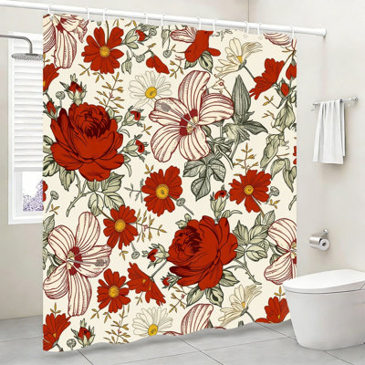 Rideau de bain rétro à motif de marguerites roses et rouges bourgogne avec crochets 72 x 72 pouces (180 x 180 cm)