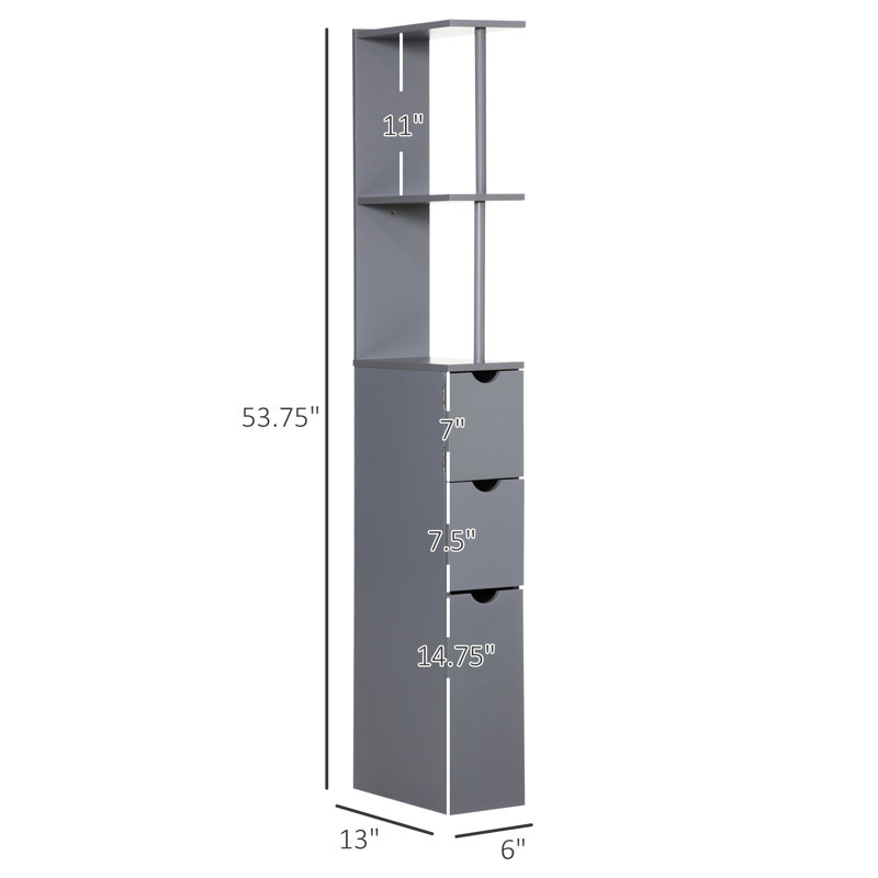 54" Tall Bathroom Organizer, Grey. 2 Shelf & Drawers For Storage. Space Vertical Design. Solid Structure. Wall-mountable Added Security. Holds Linen Essentials. 6" L X 13" W 53.75" H. Assembly