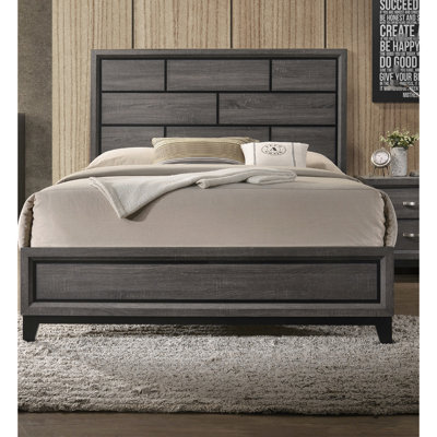 Lit simple à profil bas de style géométrique gris pour chambre à coucher contemporaine - style pièce avec tête de lit décorée
