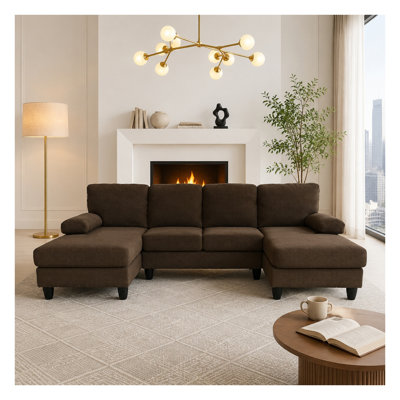 Nubby Upholstery U-Shaped Sofa with Dual Chaise, Mid-Century Modern Sectional in Coffee