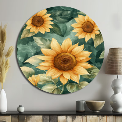 «Green Garden Abstract Sunflowers Collage I», reproduction d'art en métal jaune traditionnel