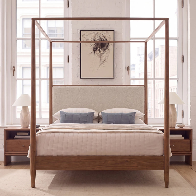 Structure de lit à baldaquin en bois massif de style Mid-Century avec tête de lit tapissier Boucle, lit plateforme à 4 colonnes avec pieds fuselés, aucun sommier requis, assemblage facile