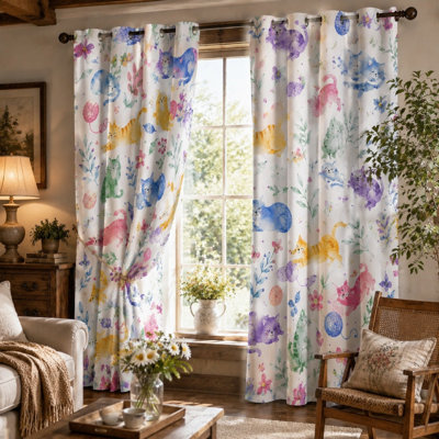 2Pcs rideaux à imprimé de chat mignon, motif animal de style aquarelle, conception de chat ludique, paravent décoratif pour la chambre à coucher pour la maison