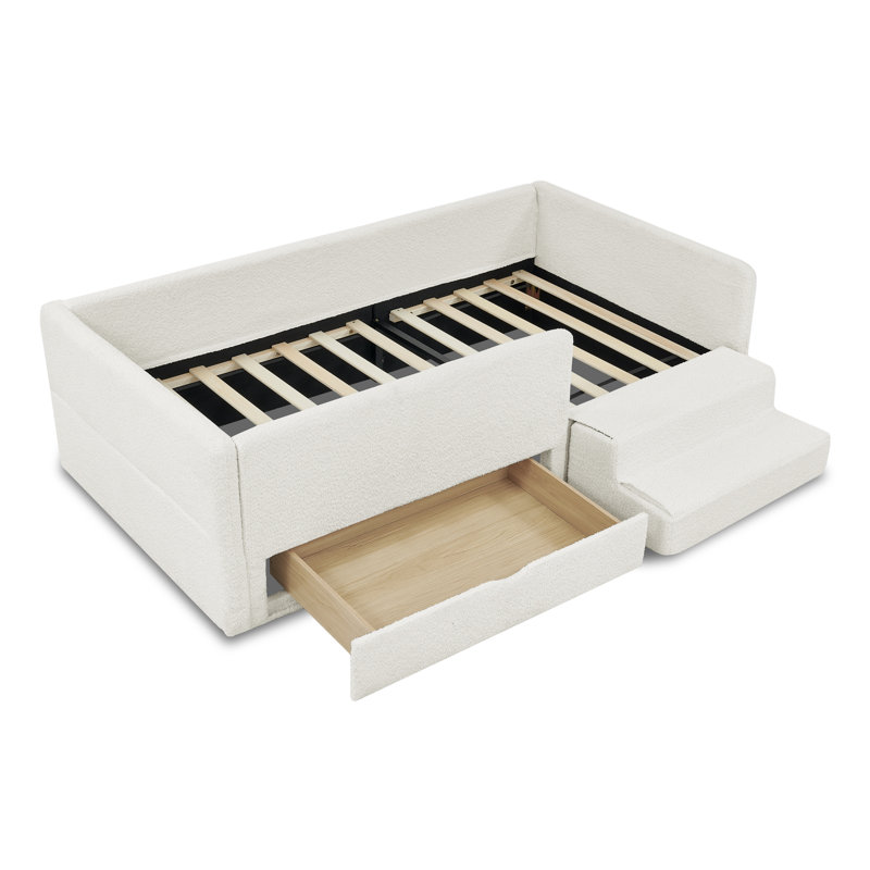 Twin Size Safe Cozy Multi-Functional Kids Bed With Guardrails And Storage, Bed With Safety Step Stool, Boucle Fabric, Beige