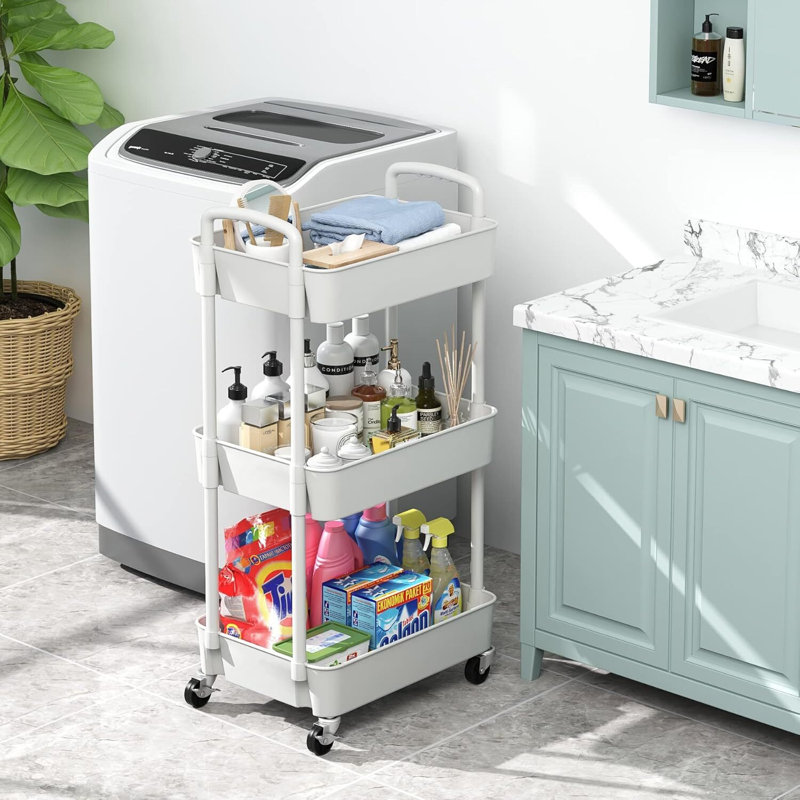 Chariot utilitaire roulant en plastique avec, Blanc, 29.92" H x 11.42" W x 15.35" D