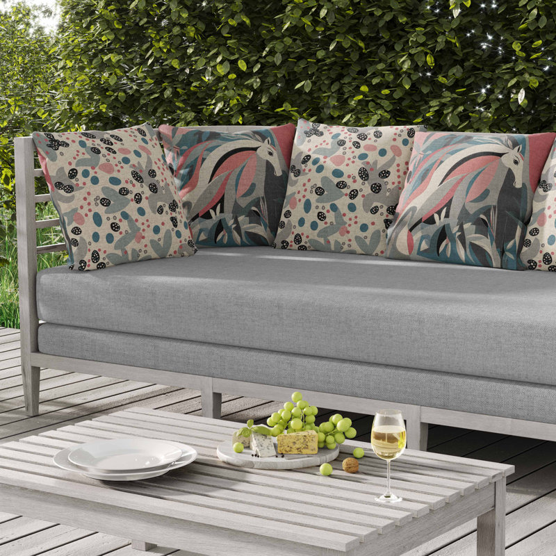Coussin intérieur / extérieur Mythical Horse, Bleu / rose / gris, Carré 26 po