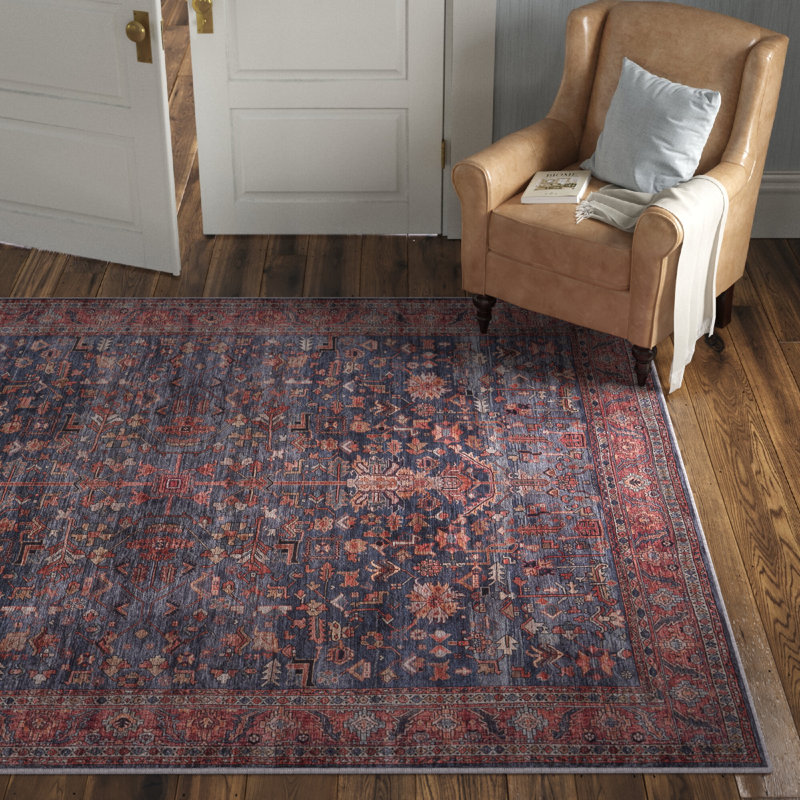 Lotte Oriental Machine Washable Flatweave Area Rug in Navy Blue/Brick Red, Rectangle 5'3" x 7'3"