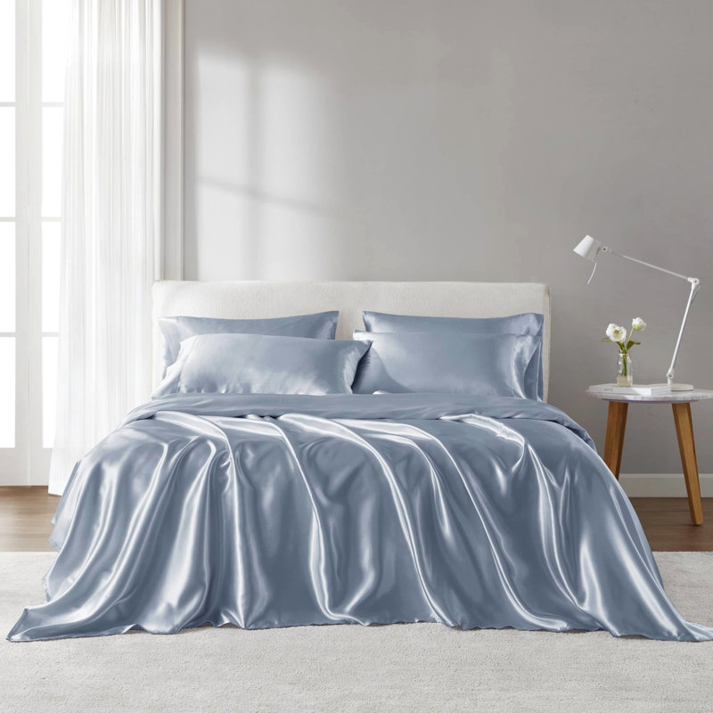 Queen Blue Luxury 6 Pcs Satin Sheet - Fitted Up To 16" Mattresses, Smooth And Silky, Helps Tame Frizz, Gentle On Hair,