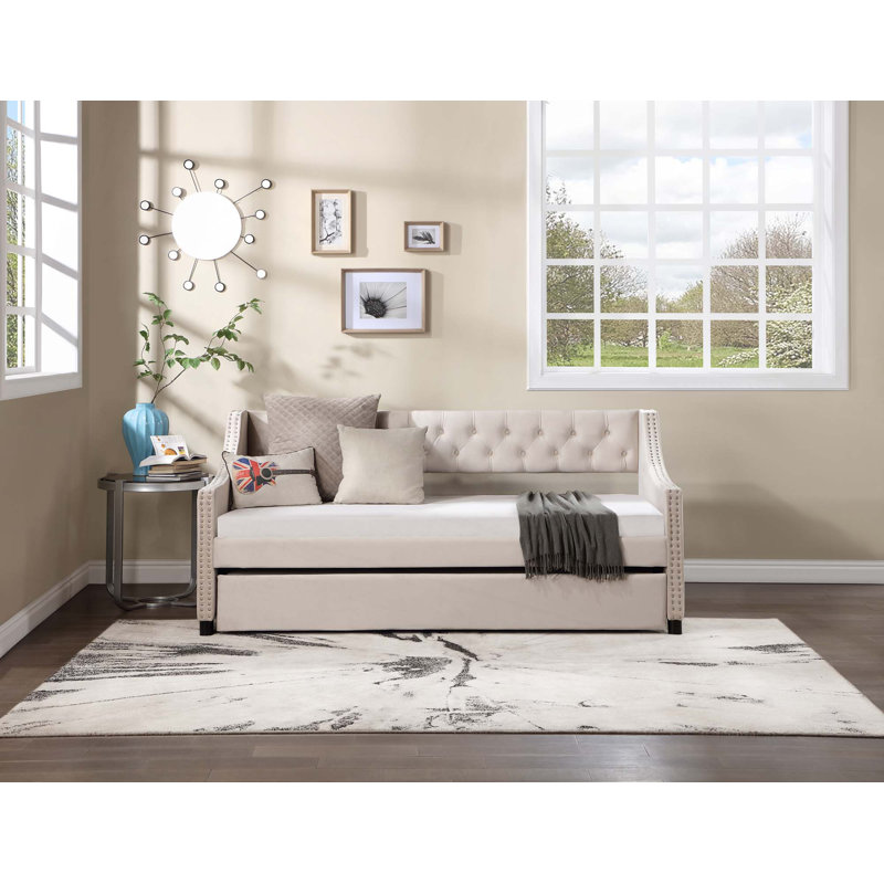 Lit de jour rembourré en tissu Darikson, Beige, Lit double