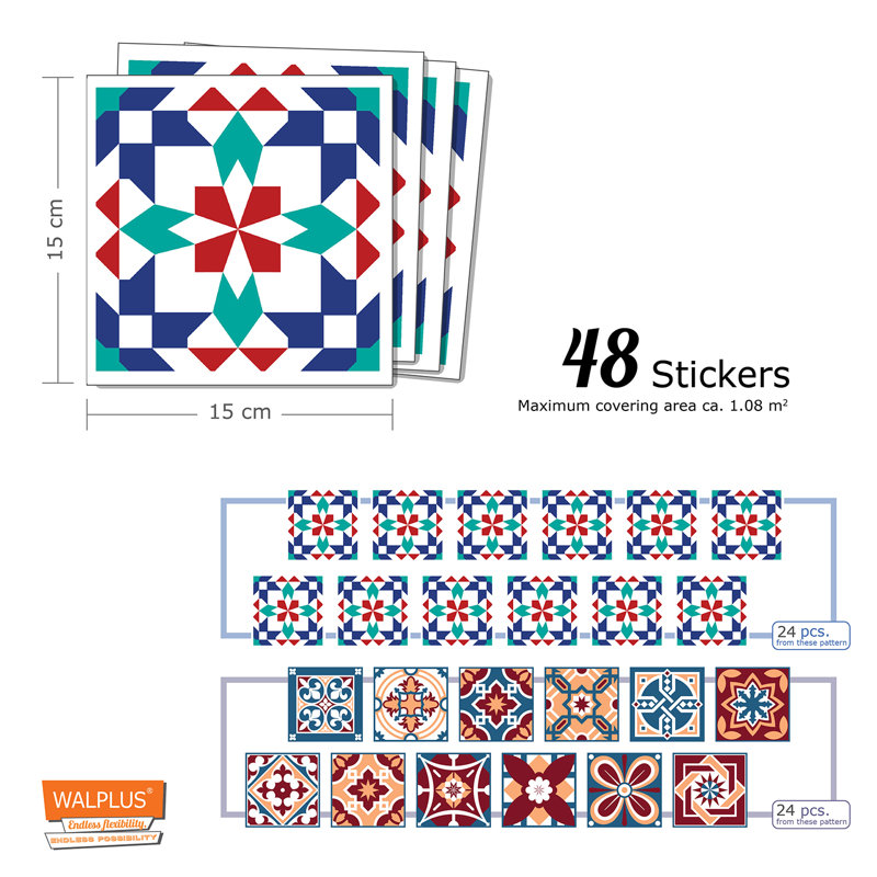 Malaya Sangria Azulejo Mix PVC Peel & Stick Mosaic Tile - 15cm x 15cm