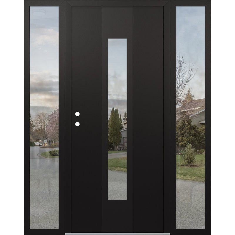 Porte d'entrée pré-suspendue en acier noir avec panneau latéral Diamond A., L 69 po x H 81,69 po, Noir, Transparent