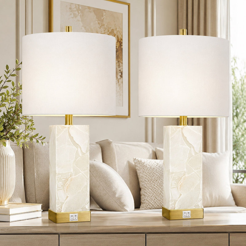23 Inch Alabaster Table Lamp Set with USB Charging Ports