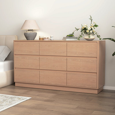 9 Drawer Dresser For Bedroom With Large Drawers, 63" Wide Wood Dresser, Large Floor Chest Of Drawers, Modern Long TV Stand, Mid Century Storage Cabinet Side Table, Natural