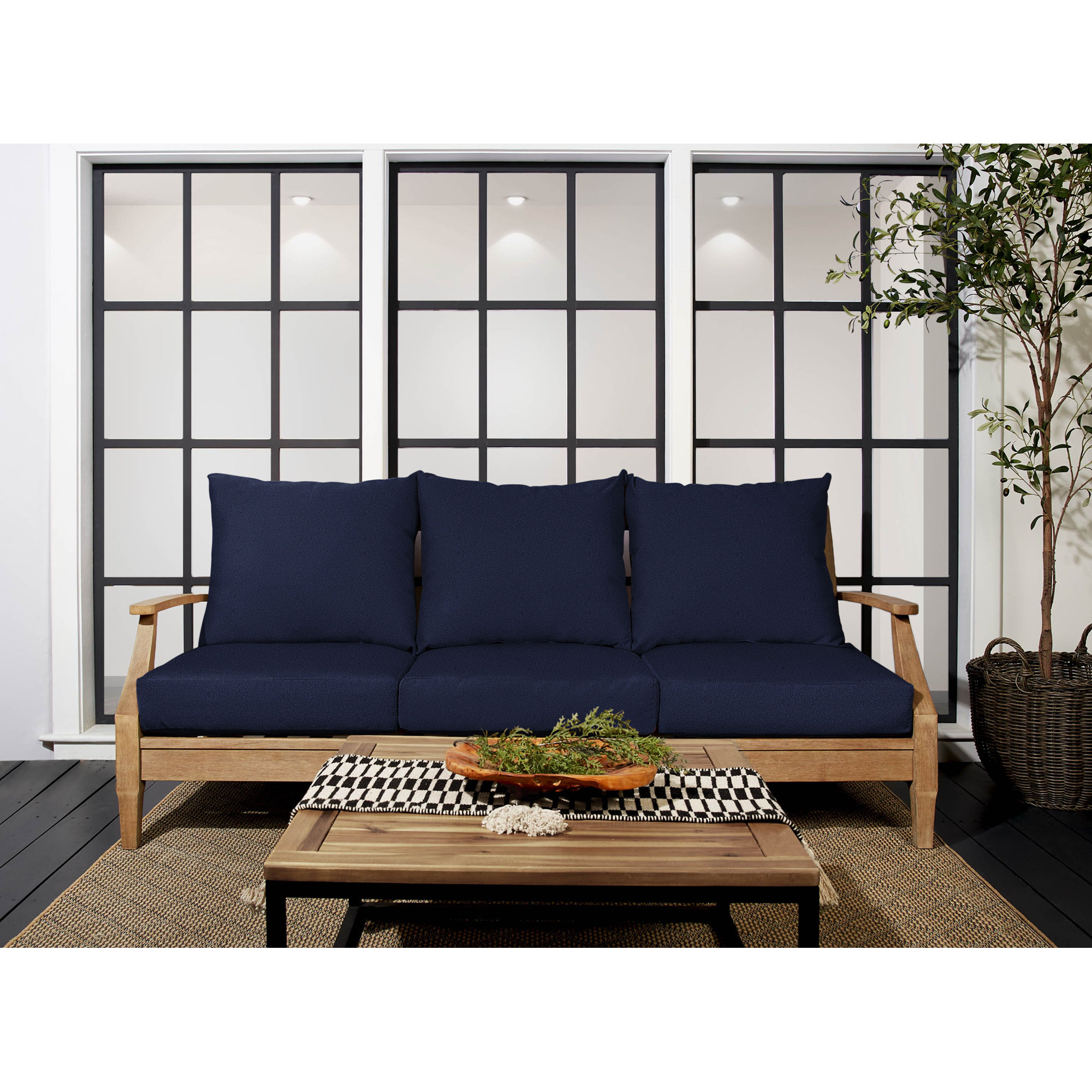 3 Piece Outdoor Sofa Cushion with Boucle Performance Fabric, Navy