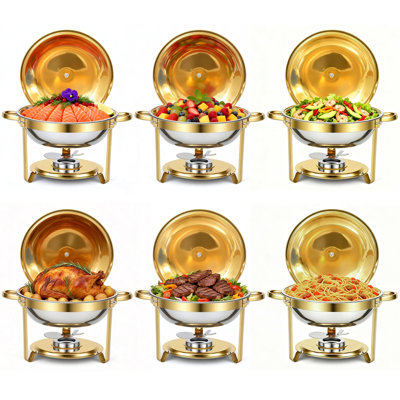 Ensemble de 6 chafing dishes ronds en acier inoxydable plaqué or de 6 pintes avec couvercles en verre – Service de buffet et de fondue haut de gamme pour fêtes, buffets, mariages et anniversaires – Lot de 6