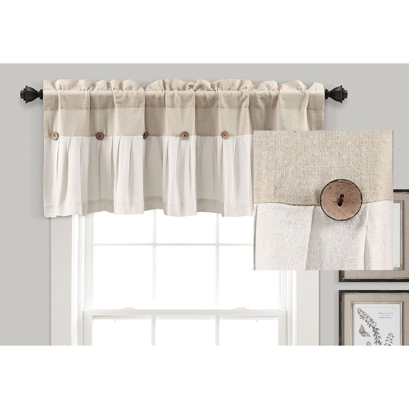 Linen Button Farmhouse Valance with Pleats and Buttons, 52" W x 18" L