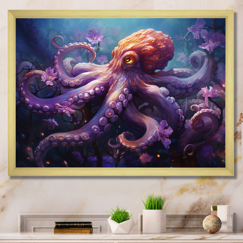 «Purple Octopus Mystical Encounter an», reproduction sur toile, Encadrement doré, H 30 po x l 40 po x P 1,5 po