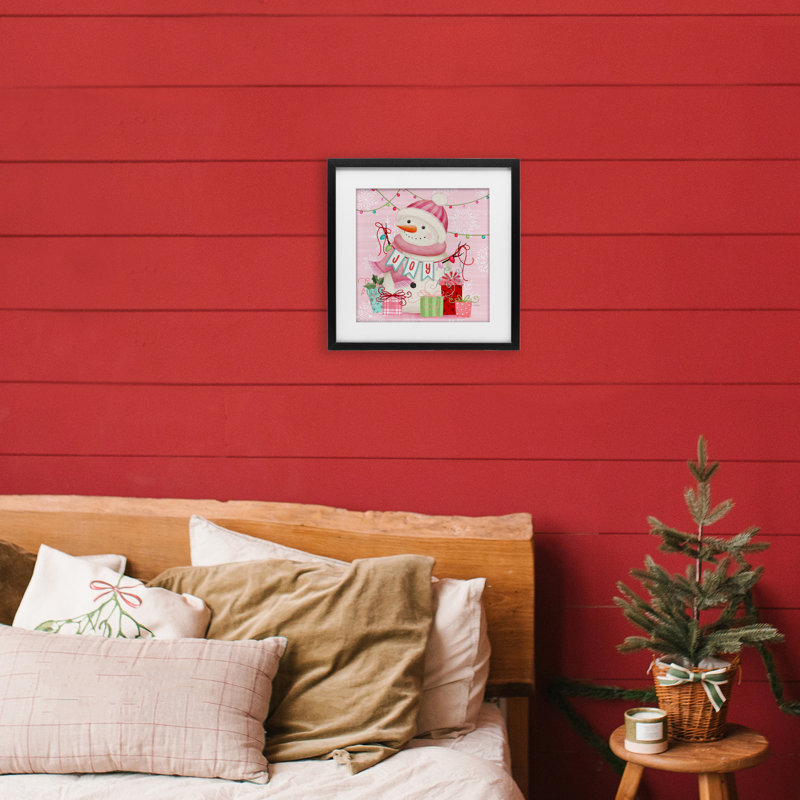«Pink Snowman Joy», reproduction d'art sous verre encadrée par Nicole Tamarin, H 13 po x l 13 po, Cadre noir minuit