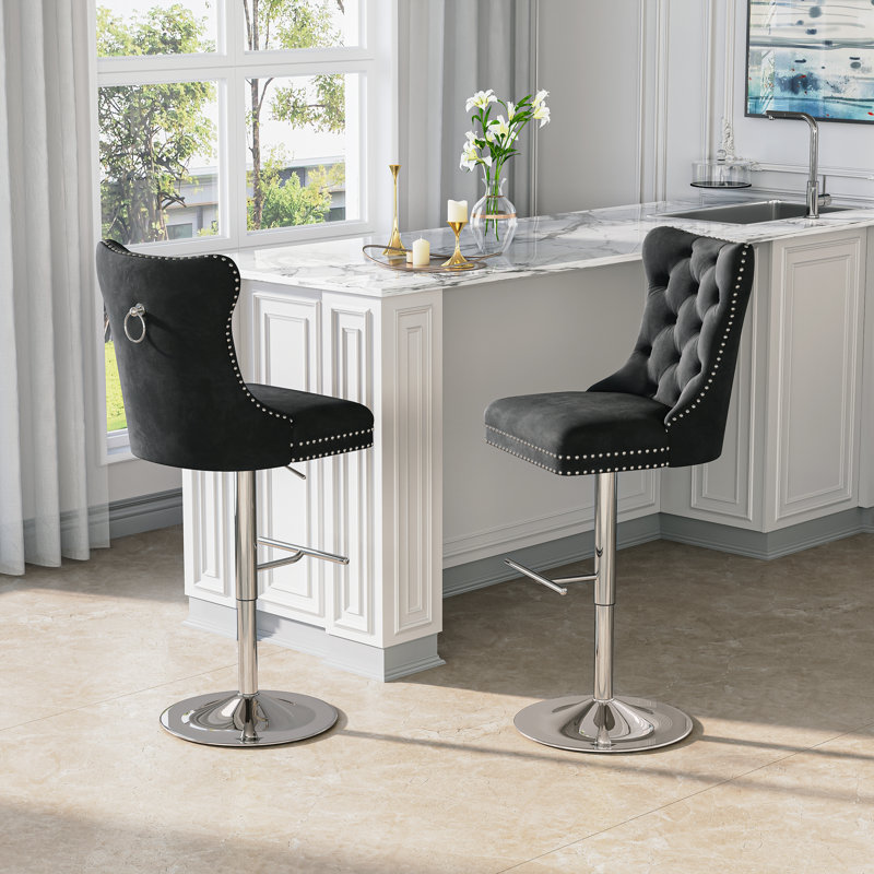 Modern Velvet Adjustable Swivel Counter Height Stools With Tufted Back Dining Chairs, Black Seat/ Silver Frame