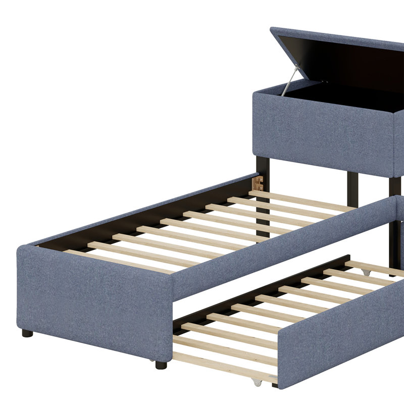 L-Shaped Upholstered Platform Bed With Trundle And Two Drawers Linked With Desk