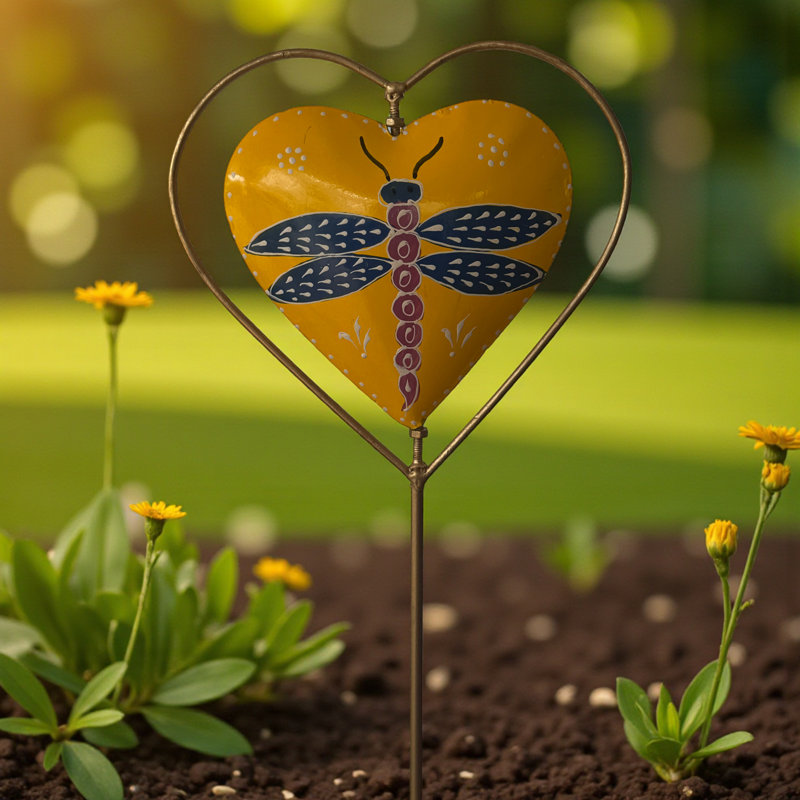Piquet de jardin jaune avec libellule et cœur - jaune
