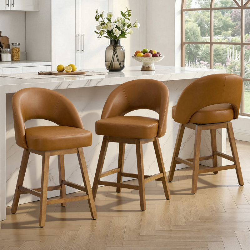 26.4" Swivel Counter Bar Stool With Pocket Spring Cushion & Solid Wood Legs, Upholstered Armless Barstools (Set of 3), Brown