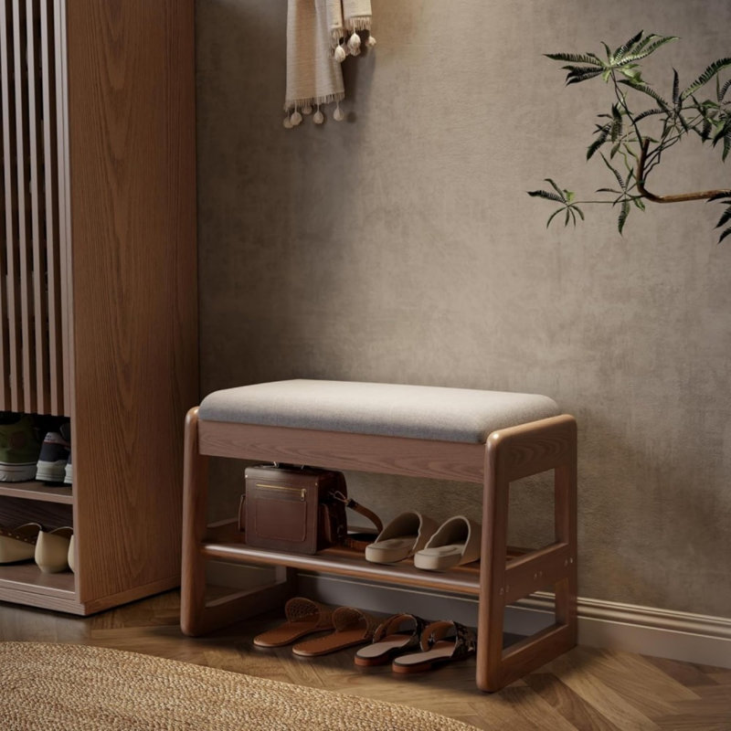 Petit banc à chaussures avec coussin, étagère à chaussures à 2 niveaux avec rangement rabattable, étagère à chaussures en bois noyer, 23,62 po