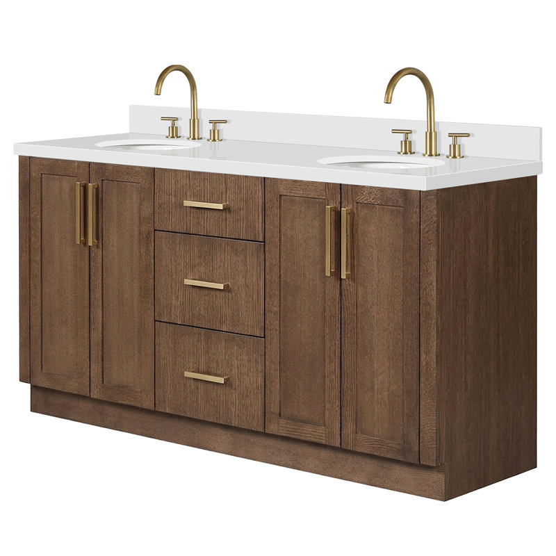 Meuble-lavabo ovale double de 185 cm avec comptoir en quartz blanc pur et revêtement en chêne brun de 3,8 cm d'épaisseur