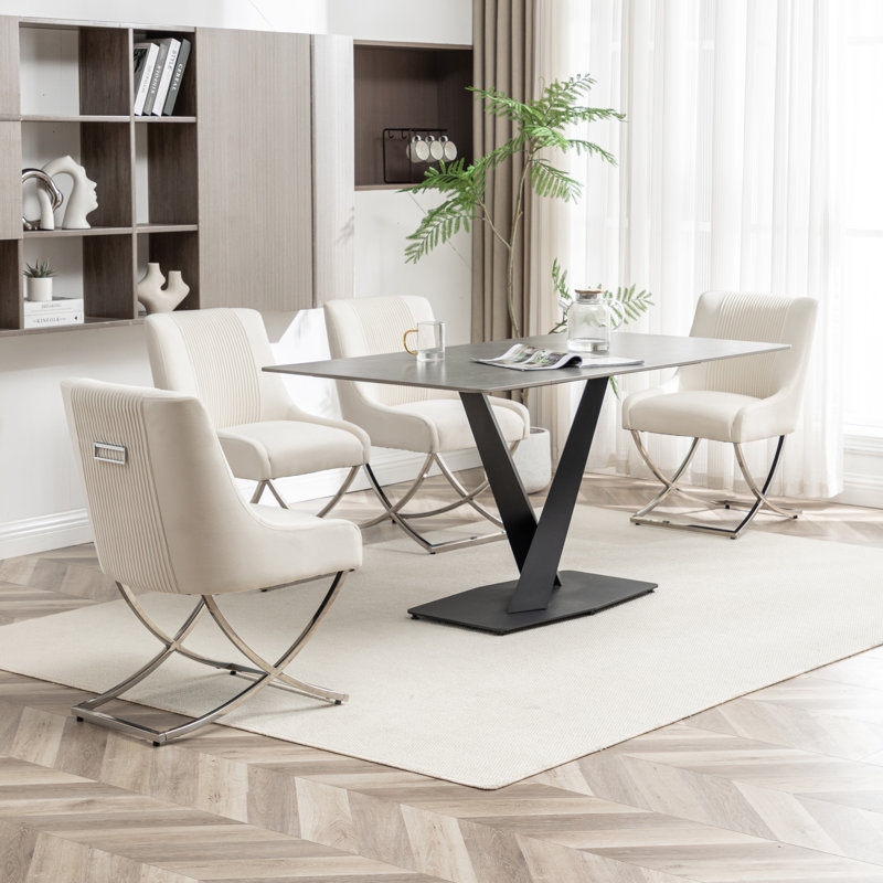 Elian Velvet Upholstered Side Chair, Beige, 6