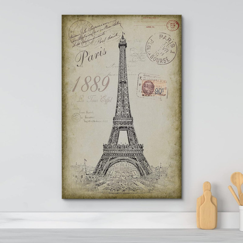 Croquis de la Tour Eiffel rétro avec typographie des dessins de transport sur toile, H 36 po x l 24 po x P 1,5 po