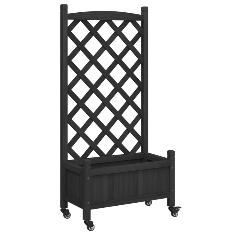 Black Solid Wood Fir Planter with Trellis and Wheels