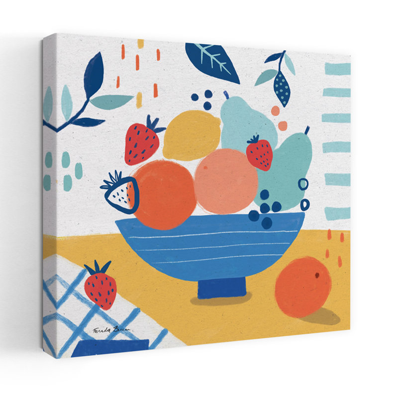 Contemporary Fruit Still Life I With Abstract Blue Art, 18" H x 18" W