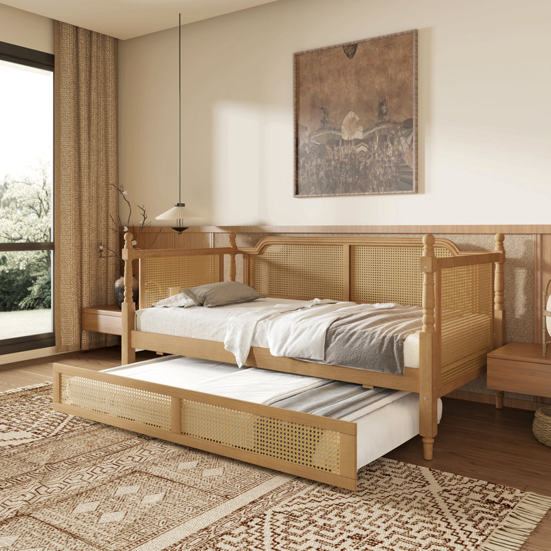 Lit de jour simple en rotin de style traditionnel avec lit gigogne simple pour un espace limité, chambre d'amis, pas de sommier tapissier, noyer antique