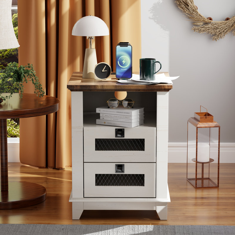 Table de bout à 2 tiroirs avec rangement et station de charge, Blanc, Bois brun