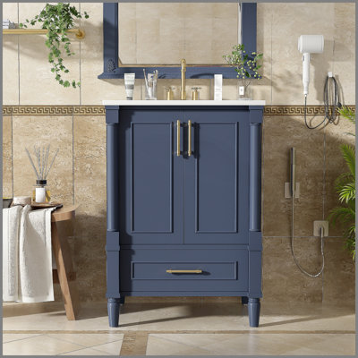 Meuble-lavabo moderne de 24 po avec motif orné et charnières à fermeture en douceur, armoire de salle de bain avec tiroir et structure ouverte au dos, pieds cylindriques français sculptés